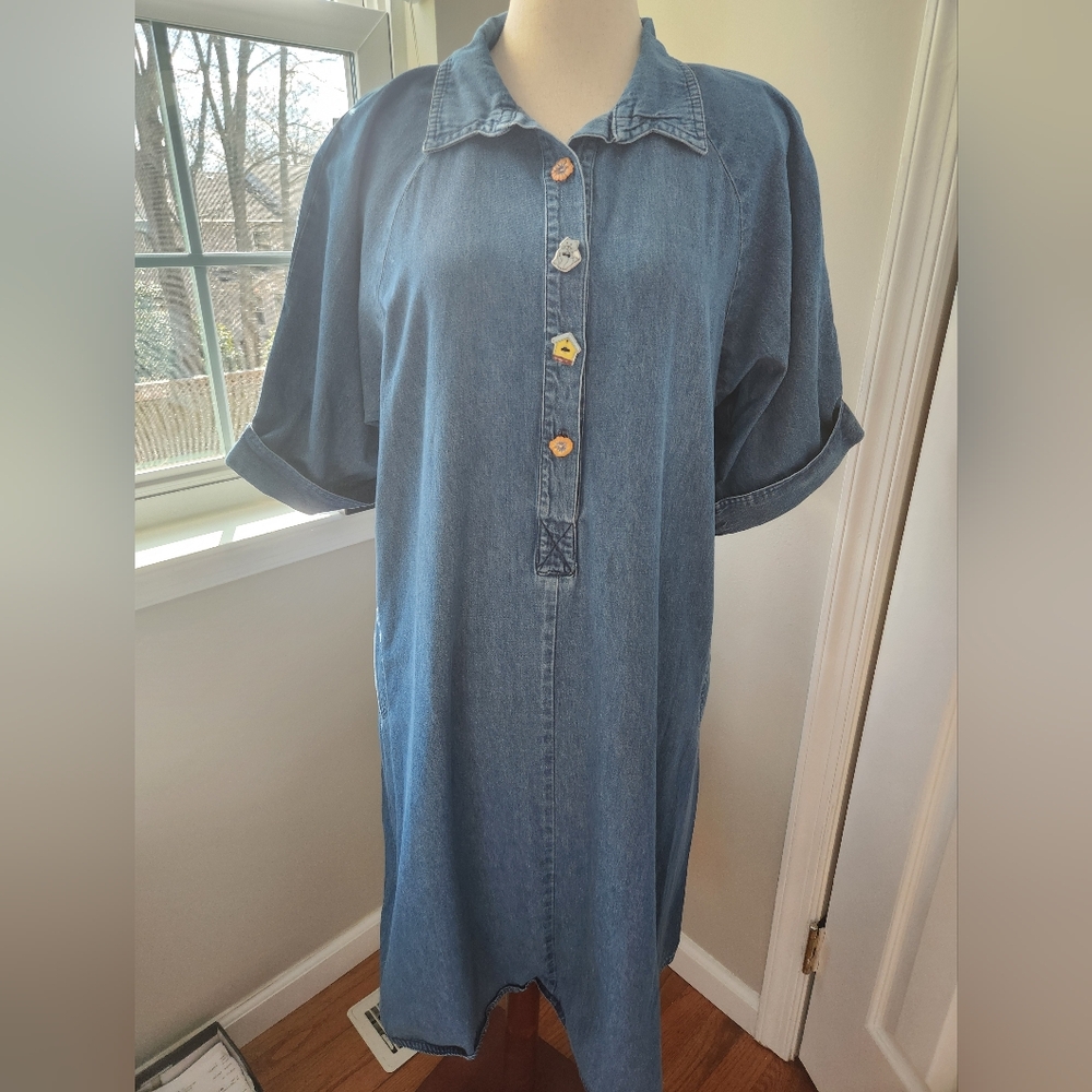 Vintage Denim Cat Button Shirtdress